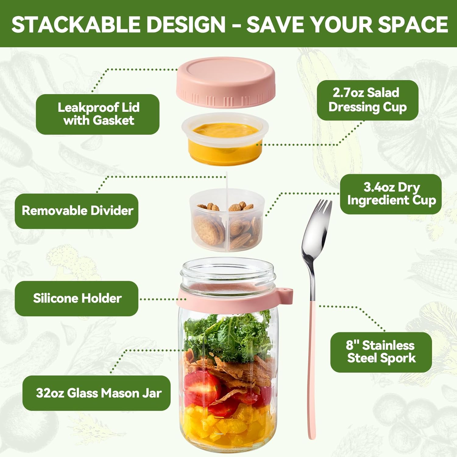 4 Pack Glass Salad Mason Jars with Dressing Cup and Spork, 32 oz Mason Jars Salad Container with Lids Meal Prep for Lunch, 2 Insert Separate Cups with Divider for Dressing & Dry Ingredients - Image 3