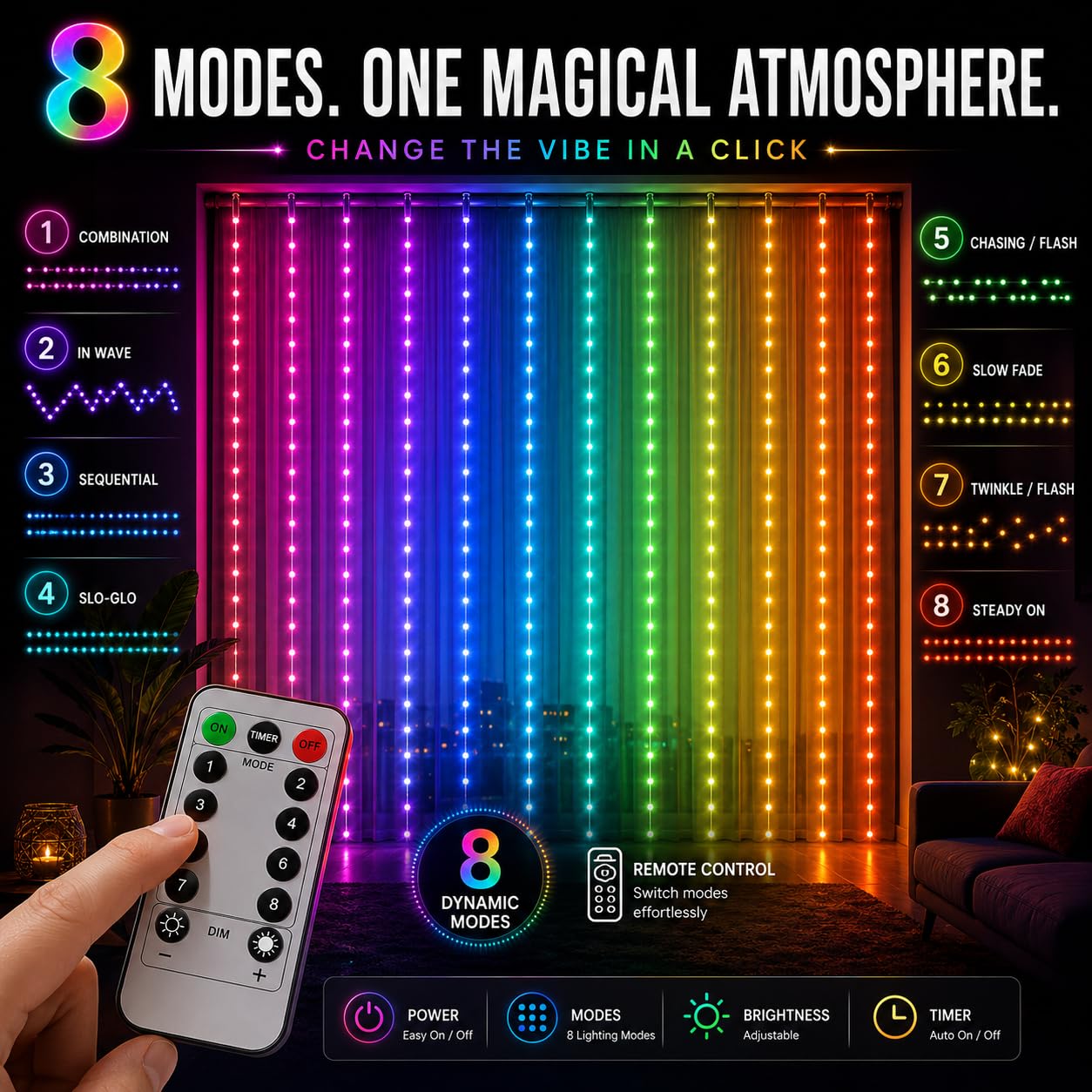 Gesto LED Curtain Lights - Multicolor Fairy Lights with Remote -3