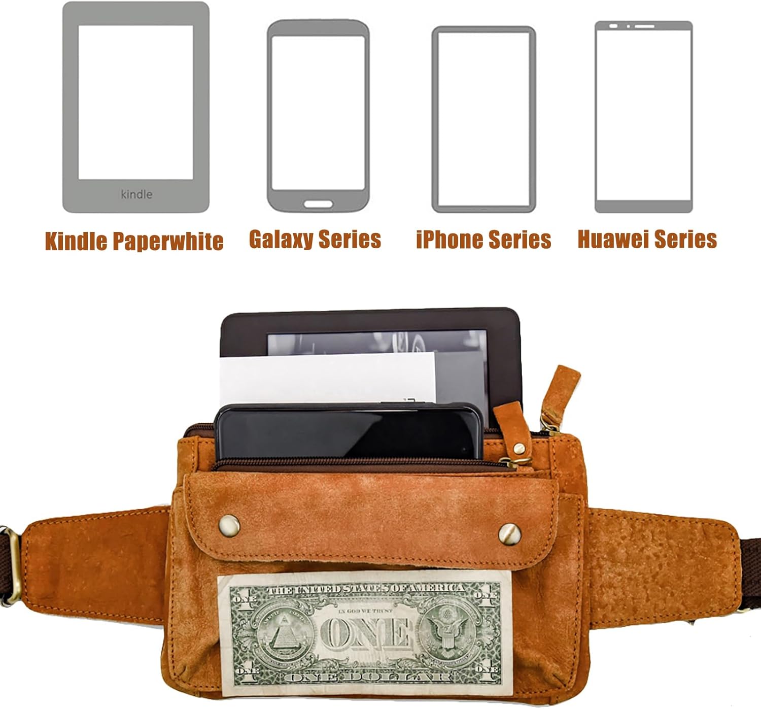 Genuine Leather Waist Bag, Fanny Pack & Bum Bag for Sport Hiking Traveling Climbing, Crossbody Design, Light Brown, Fits Waist Sizes 25"-50” - Image 2