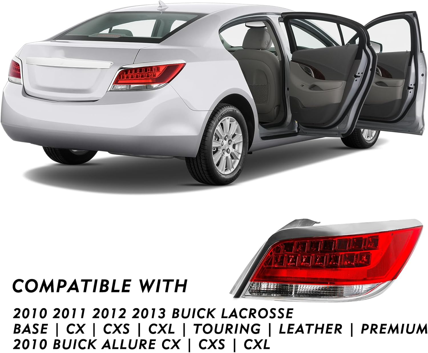 LED Tail Light Assembly For 2010 2011 2012 2013 Buick Lacrosse & Allure Outer Rear Taillight Assembly OE Direct Replacement Brake Tail Lamp Right Passenger Side with Bulbs