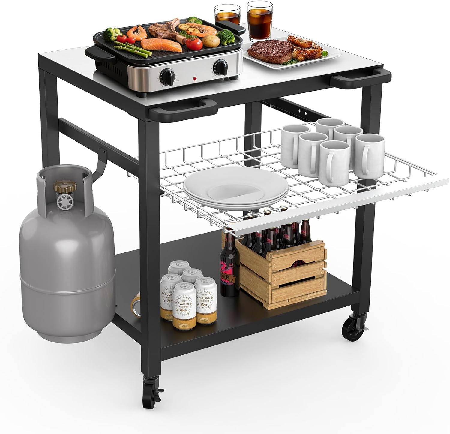 NUUK Grill Cart 30"x24" Pizza Oven Table for Outdoor 3-Shelf with Stainless Steel Top