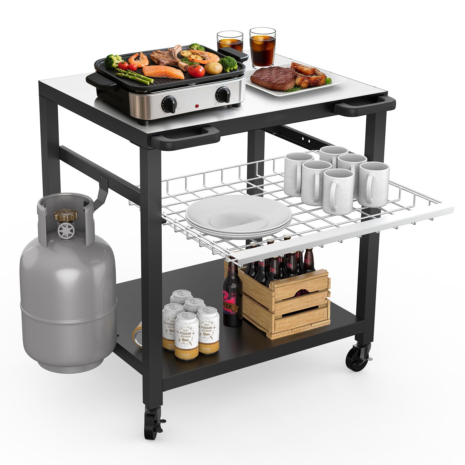 NUUK Grill Cart 30"x24" Pizza Oven Table for Outdoor 3-Shelf with Stainless Steel Top and Sliding Drawer BBQ Grilling Carts Outside Serving Prep Tables Indoor Stand