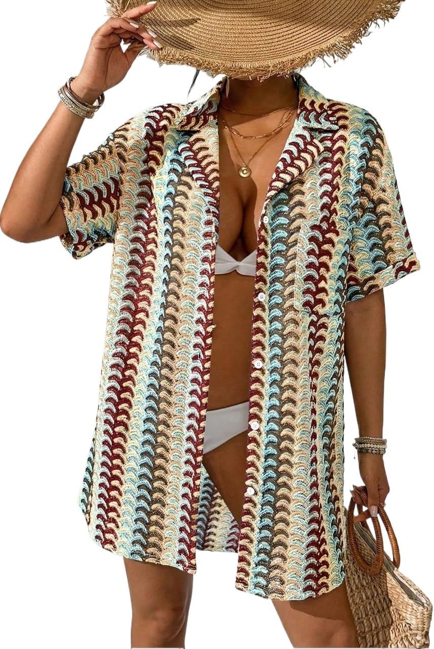 Women's Summer Beach Striped Lace Lapel Front Open Button Drop Shoulder Short Sleeve Kimono Cover Up cover ups for swimwear