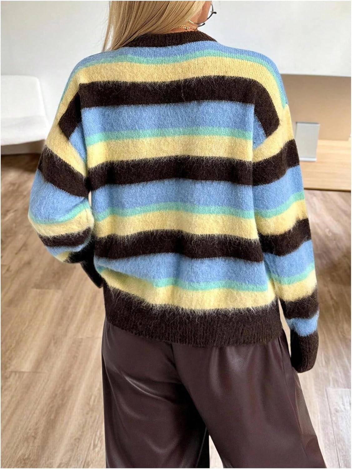 MakeMeChic Women's Striped Fuzzy Sweater Crew Neck Long Sleeve Knitted Pullover Tops - Image 3