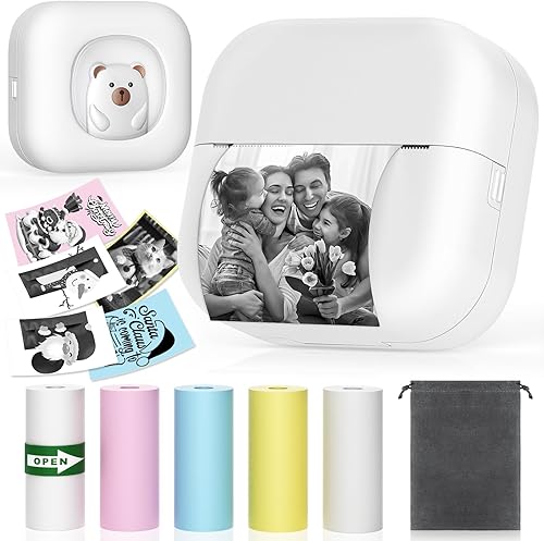 Mini impresora fotográfica impresora térmica inalámbrica de bolsillo sin tinta con 5 rollos de papel para notas, fotos, listas, etiquetas, notas,