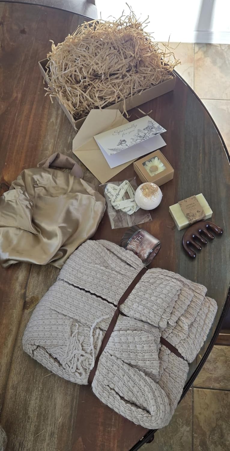 YEERSWAG Self Care Gifts Baskets for Women, Relaxing Spa Care Package for Women, Mother's Day Birthday Gift Get Well Soon Gifts Baskets Thinking of You Gift, Spa Gift Basket with Bonnet & Massgae Comb, Brown