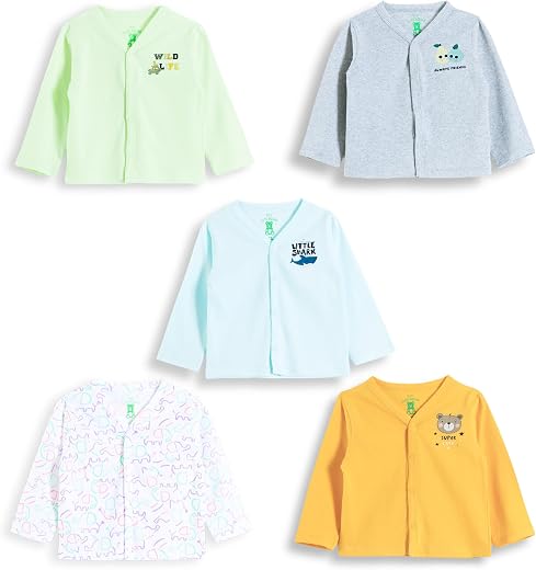 YUV Unisex Infant Full Sleeve Front Open T-Shirts with Snap Buttons, Set of 5, Assorted Colours
