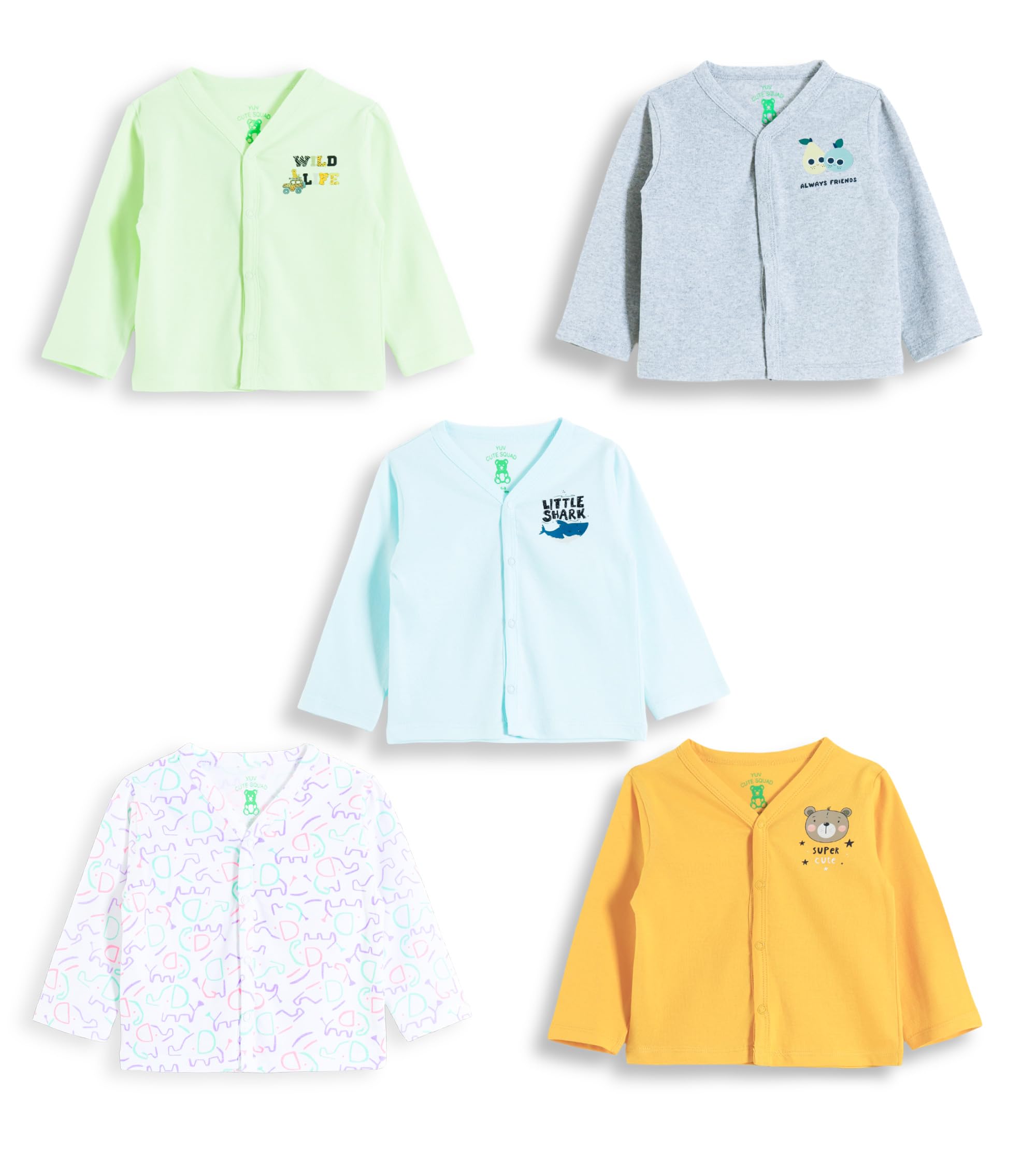 YUV Unisex Infant Full Sleeve Front Open T-Shirts with Snap Buttons, Set of 5, Assorted Colours
