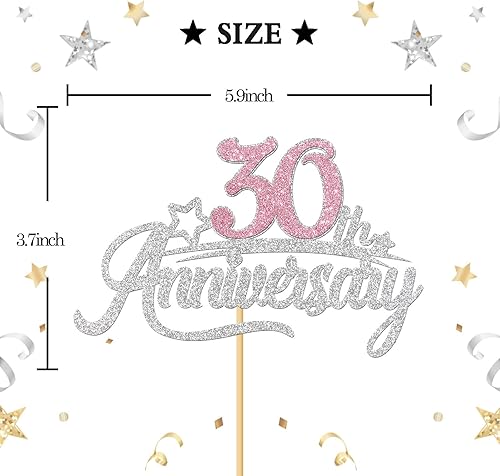 Miniatura 3 de INNORU Decoración para tartas de 30 aniversario, 30 cumpleaños, feliz 30 aniversario de boda, decoración de fiesta de aniversario de boda, purpurina