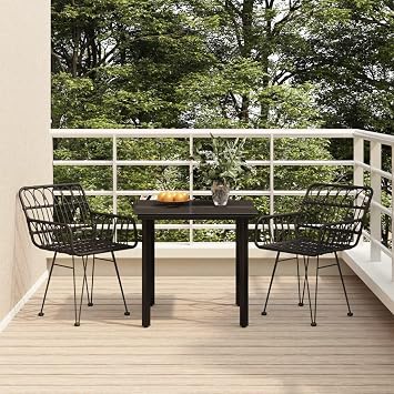 3-Piece Outdoor Dining Set with Black Poly Rattan and Tempered Glass Table, Modern Square Patio Furniture for Balcony Garden, Weather Resistant Steel Frame