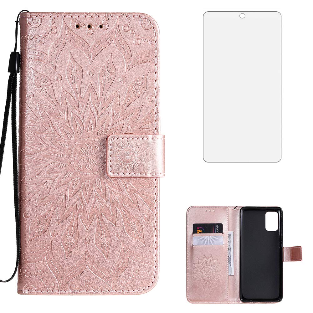 Phone Case for Samsung Galaxy A71 4G Wallet Cases with Tempered Glass Screen Protector and Leather Flip Cover Card Holder Stand Cell Accessories Glaxay A 71 Gaxaly 71A S71 A715F Men Women Rose Gold