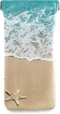 Squeeze Top Sunglasses Pouch Eyeglass Cases PU Leather Soft Anti-Scratch Eyeglass Holder (Turquoise Waves With Starfish On Sandy Beach)