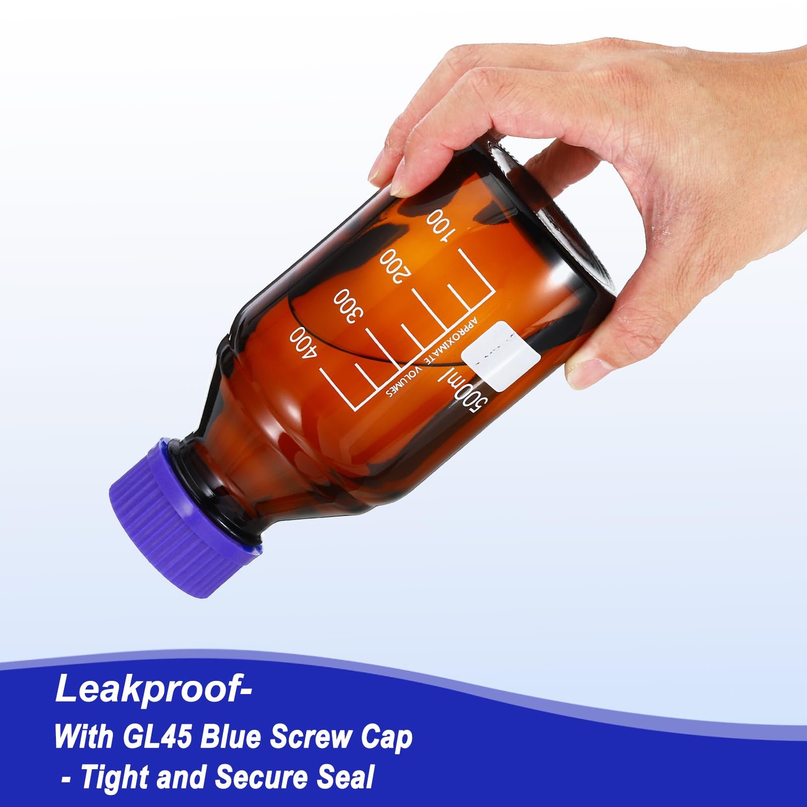 PATIKIL 4 Pack Medien Aufbewahrung Flaschen 500ml Borosilikat Glas Graduierte Rundflaschen mit GL45 Blau Schraube Deckel für Labor Wasser Reagenz Flüssigkeiten Braun