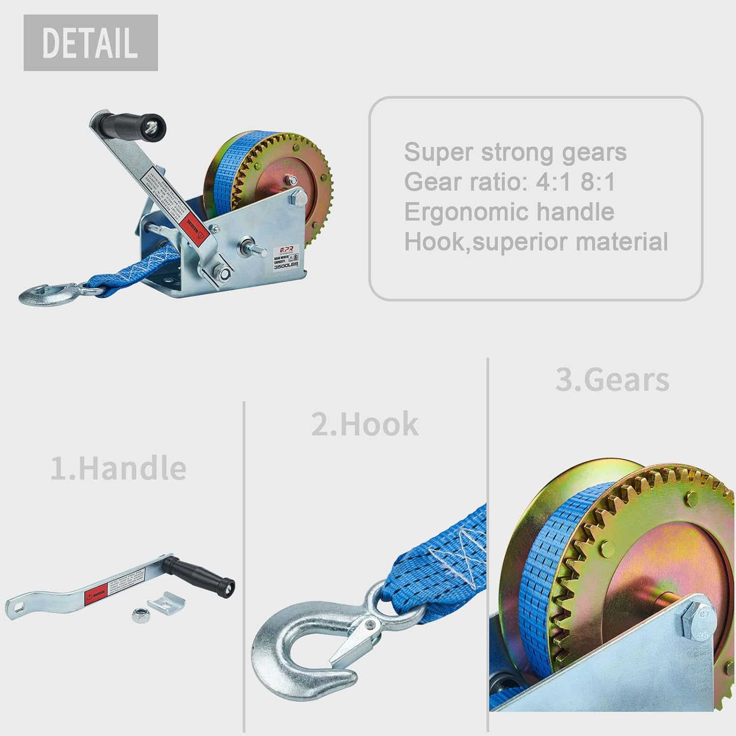 OPENROAD Boat Winch 3500lbs Hand Winch, with 32ft Blue Strap and 2 Speed switchable, for Boat Trailer Towing Winch