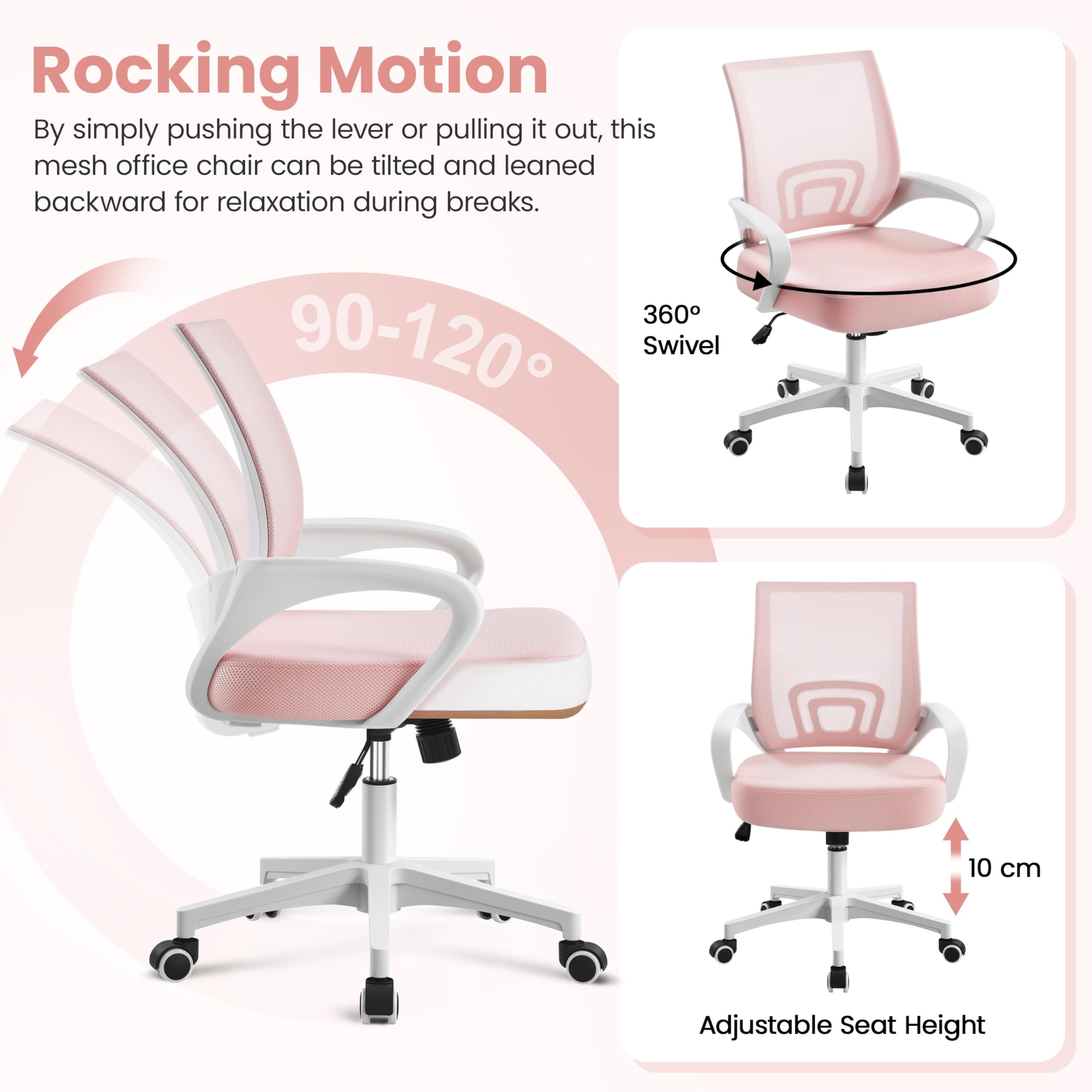 Yaheetech Bürostuhl Ergonomisch, Schreibtischstuhl mit Netzbespannung und Armlehnen, Drehstuhl aus Mesh, Chefsessel Wippfunktion, Höhenverstellbar Rückenschonend bis 136kg Belastbar, Rosa
