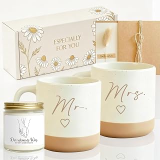 Hochzeitsgeschenke für Brautpaar, Mr und Mrs Tassen Set mit Duftkerze, Geschenk zur Hochzeit, Verlobungen, Jahrestag Valentinstag & Weihnachte