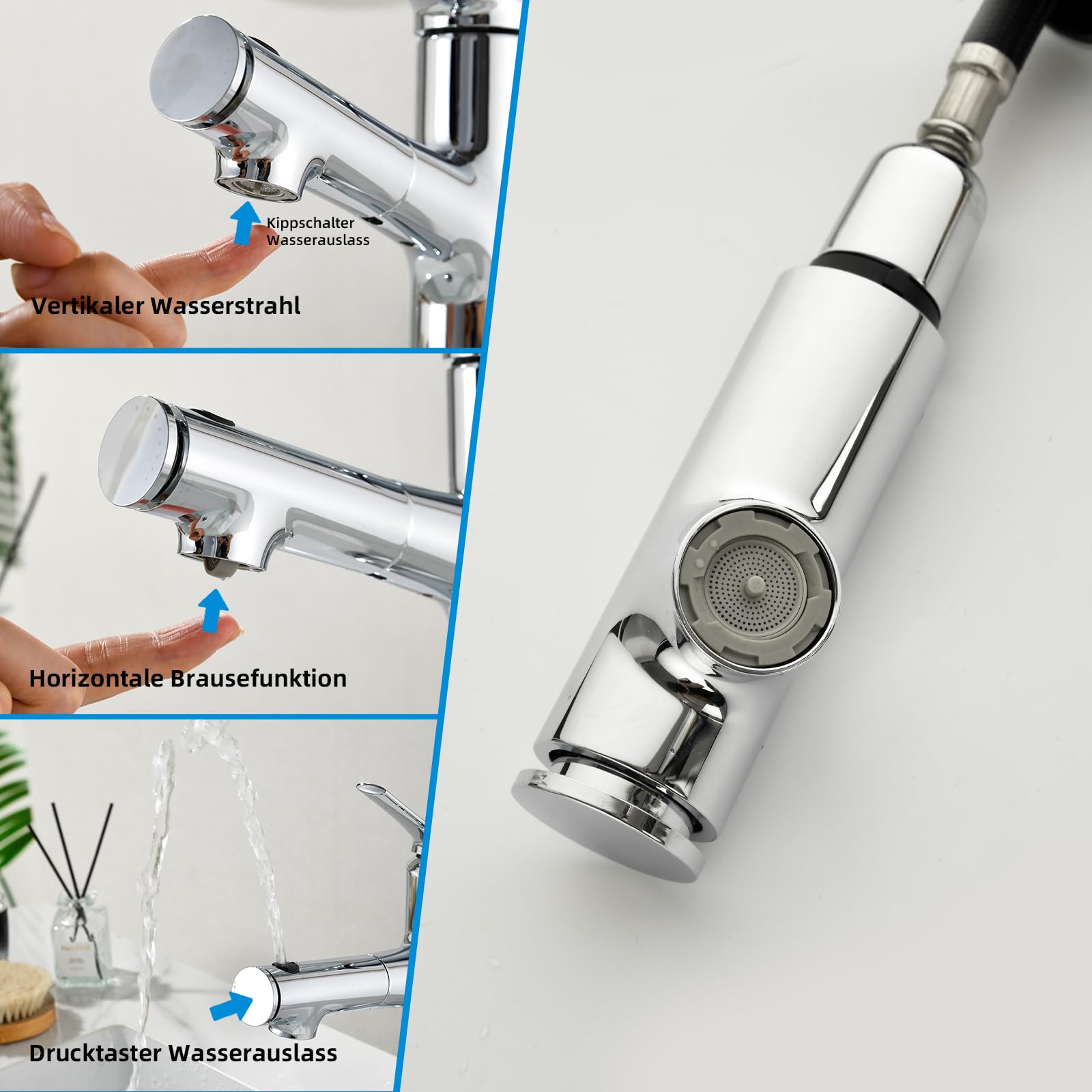 Rubinetto bagno Mynaiad, rubinetto bagno lavabo per bagno con 3 tipi di getto, doccetta estraibile, miscelatore lavabo bagno monocomando per lavabo, cromato