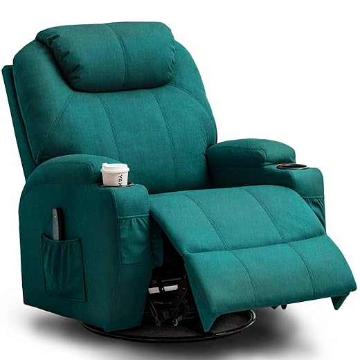 Recliner Chair, Rocking Recliner Chair for Adults with Massage and Heat, Swivel Rocker Recliner Chair with Remote and Cup Holder, Cashmere Manual Recliner for Nursery, Living Room, Green