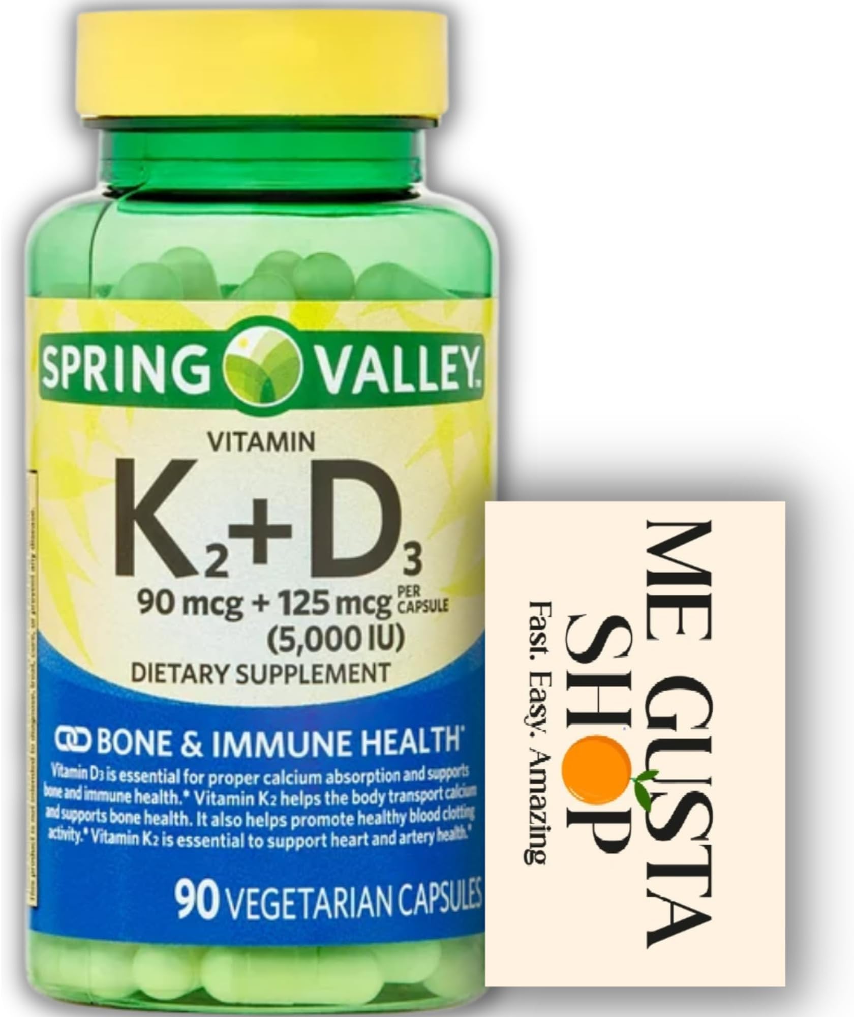 Spring Valley Vitamin K2 90mcg + D3 125mcg 90 Count Vegetarian Capsule + me Gusta Sticker