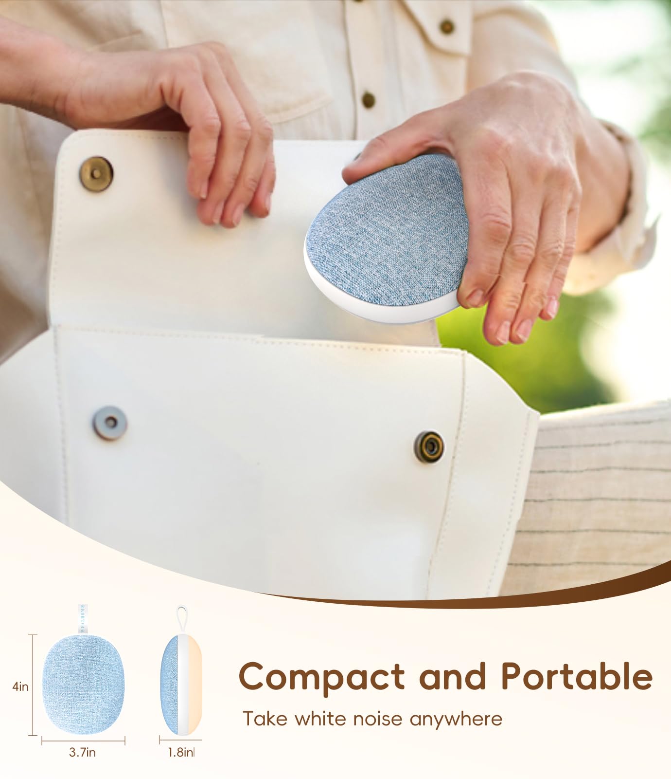 Macchina portatile a rumore bianco per adulti Baby & Travel - 6 suoni rilassanti, batteria a lunga durata da 1200 mAh, streaming musicale Bluetooth, luce notturna e dispositivo di aiuto per