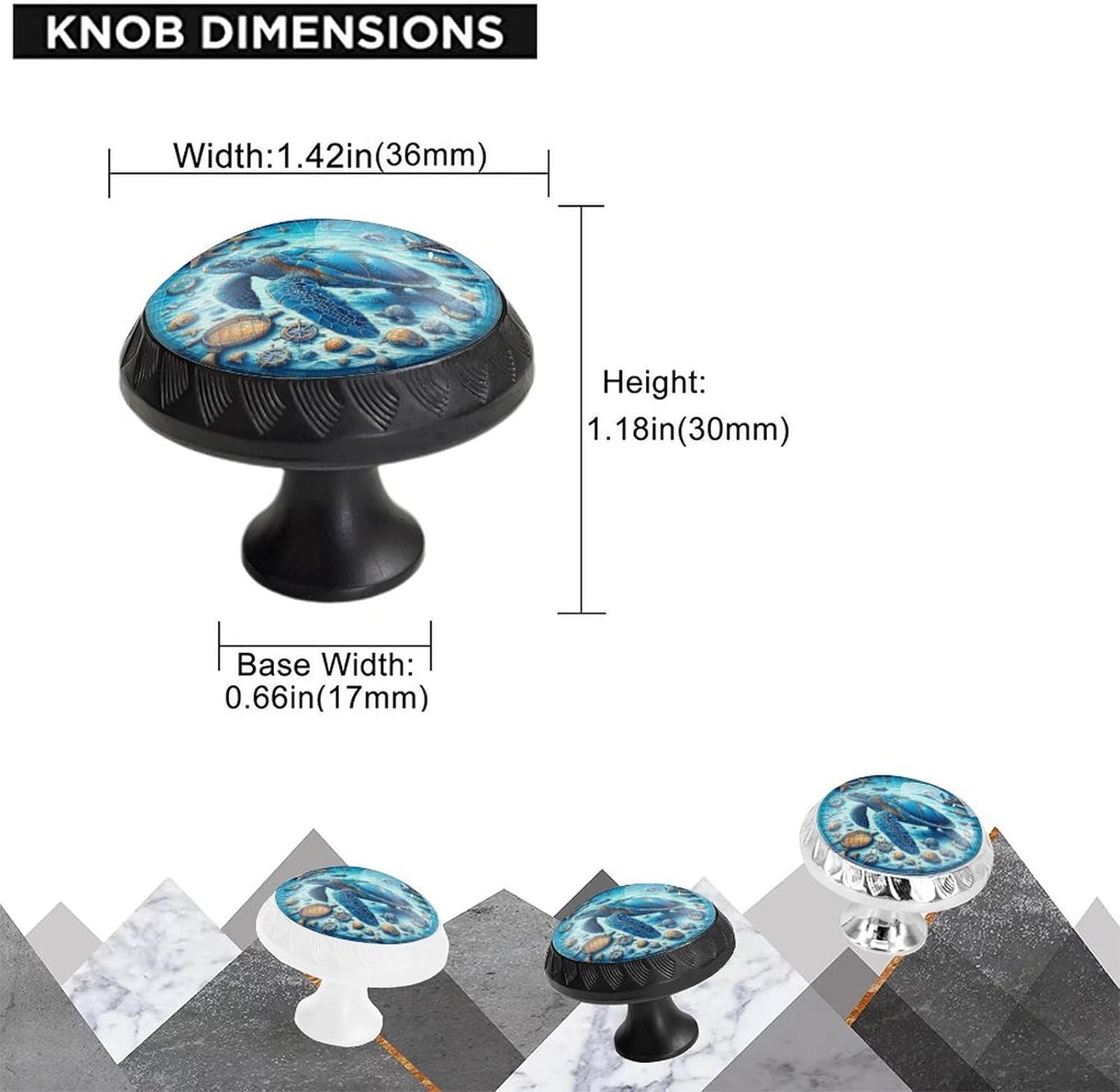 4 Pack Black Cabinet Knobs, Sea Turtle Starfish Nautical Compass Blue Glass Crystal Drawer Dresser Knobs Unique Cabinet Door Handle