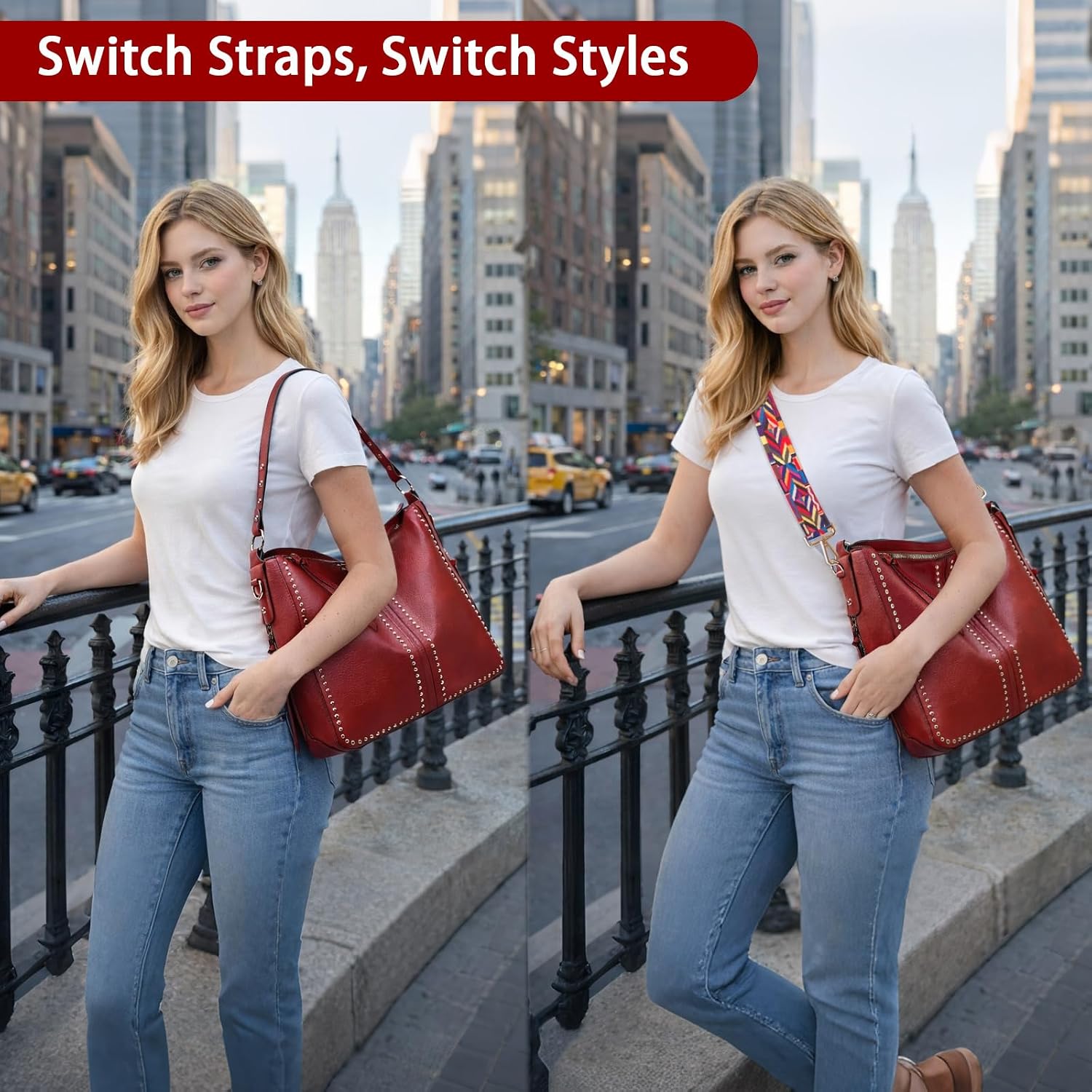 Roomy Hobo Tote Bag for Women, Studded Shoulder Handbag, 2-Piece Set with wallet, Crossbody Purse with Wide Boho Guitar Strap
