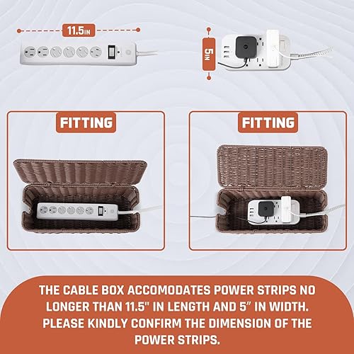 Vista 3 de Caja de organización de cables, organizador de cables de ratán hecho a mano con 2 ranuras abiertas, organizador de cables para regleta de Marrón