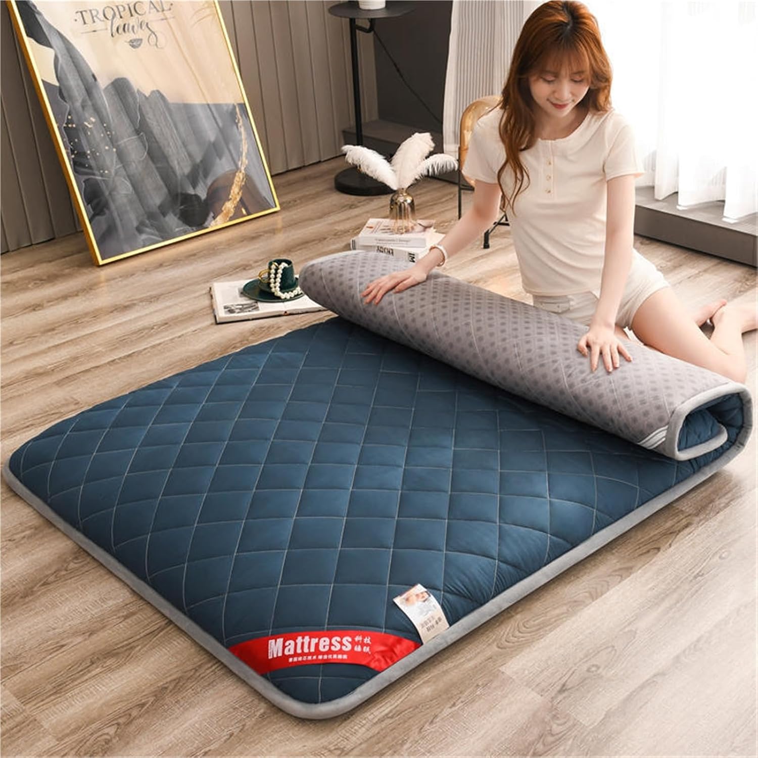 Japanese Floor Futon Mattress 6cm Thick Foldable Roll Up Quilted Anti Slip Tatami Sleeping Mat for Dormitory Adult Student Boys Girls Single Double Soft Breathable
