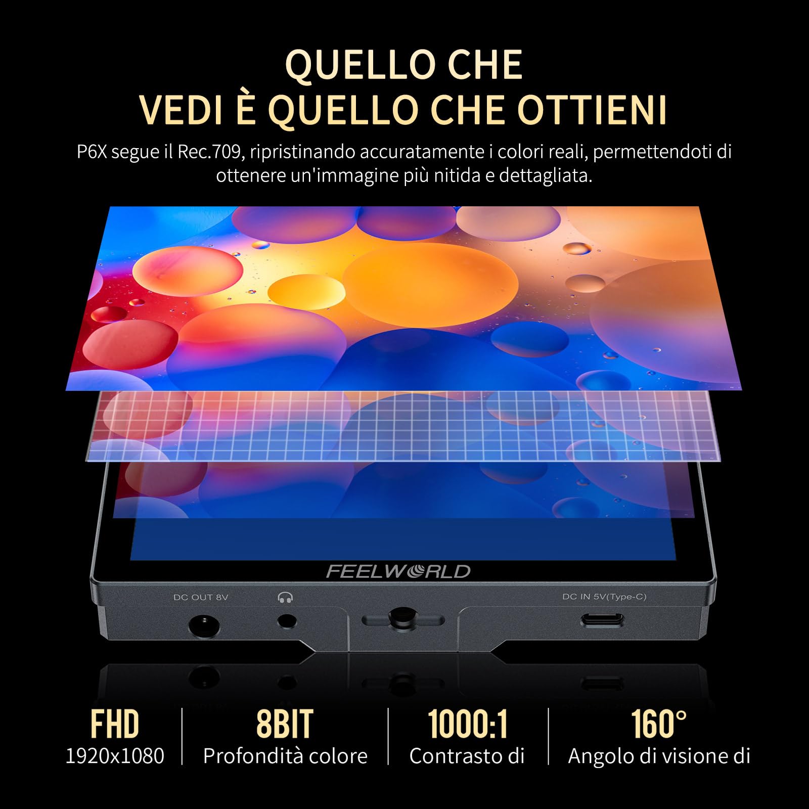 FEELWORLD P6X 1000Nit Alluminio Monitor da Campo per Fotocamera,5.5 Pollici Touchscreen Monitor video per Fotocamera con con batteria F750 e borsa 4K HDMI, Full HD,3D-LUT, HDR, forma d'onda