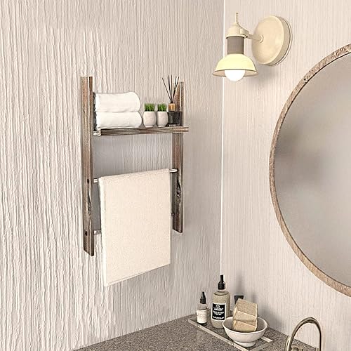 Miniatura 3 de J JACKCUBE DESIGN Toallero de pared de madera rústica con estante, escalera de manta para baño, soporte de toallas de mano de cocina, colgador de