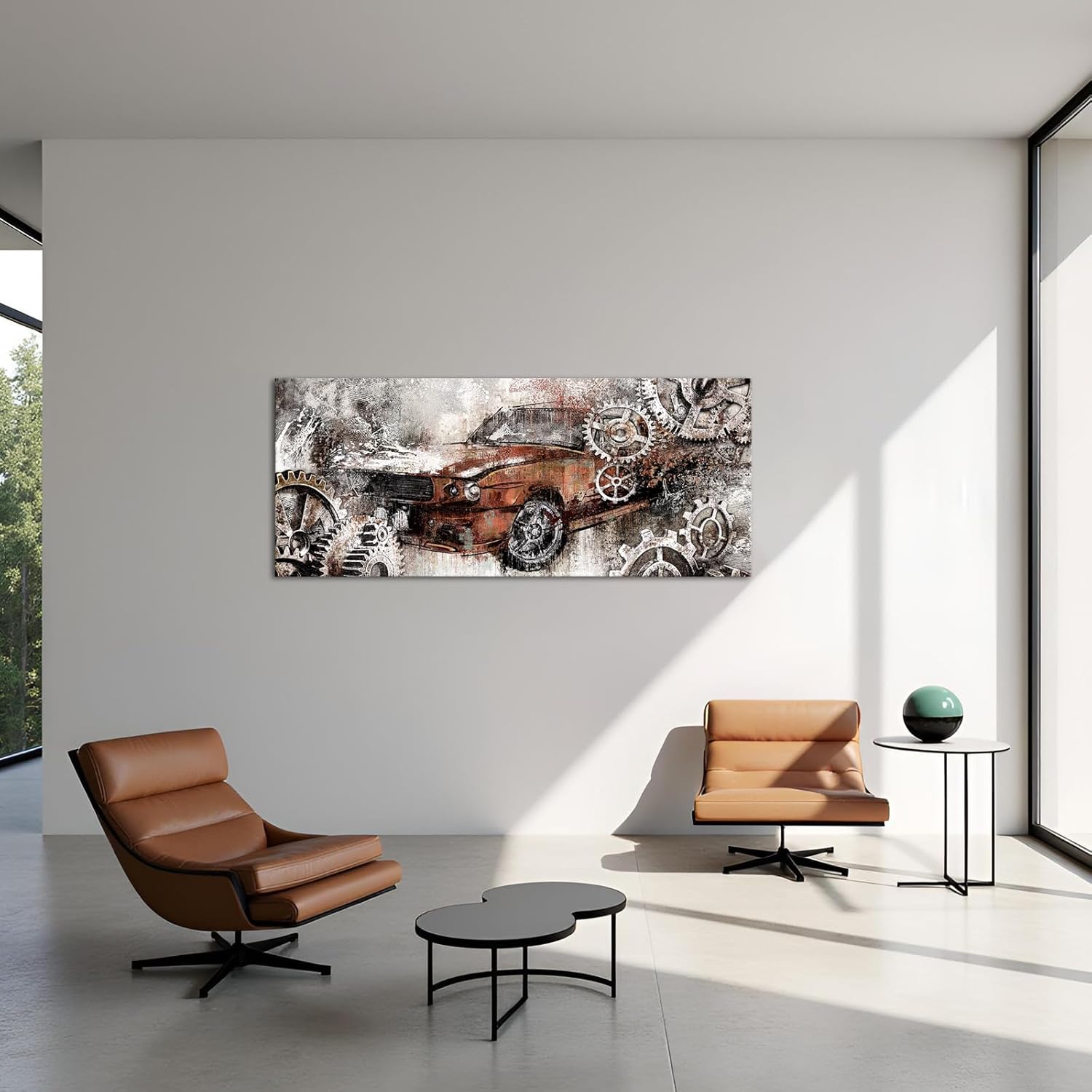 LevvArts Man Cave Wall Art Vintage Car Picture Painting Industrial Steampunk Gears Design Artwork Modern Automotive Decor 20x48