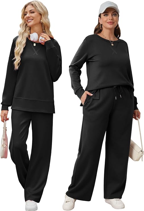 OFEEFAN Women's 2 Piece Lounge Set Travel Airport Outfits Side Slit Tracksuit Wide Leg Loungewear Baggy Comfy Sweatsuit S-3XL