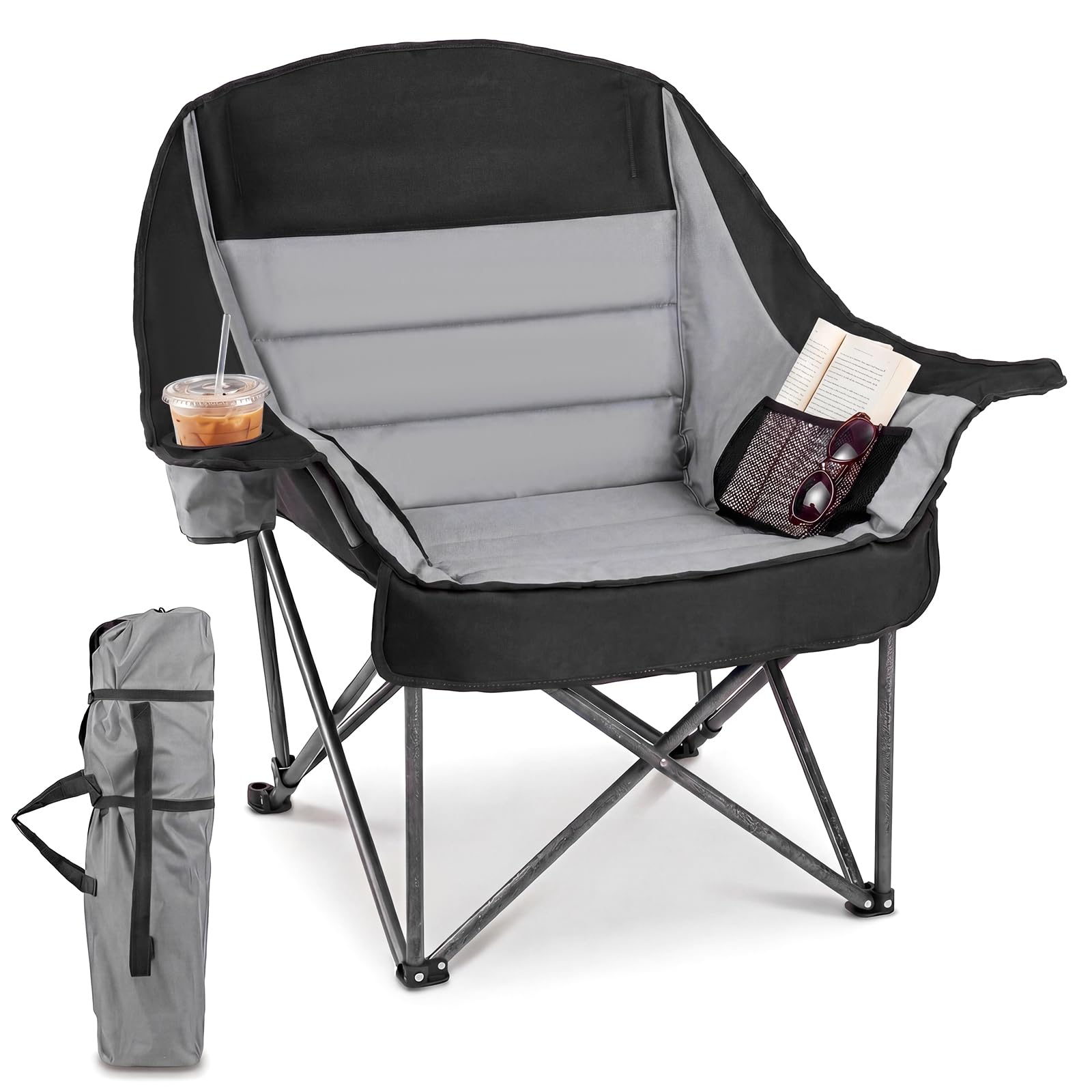 COSTWAY Oversized Folding Camping Chair, Padded Oxford Chair with Cup Holder, Side Pocket & Carry Bag, Heavy-Duty 225KG Metal Frame Portable Lawn Chair for Outdoor, Beach, Fishing, Garden (Grey)