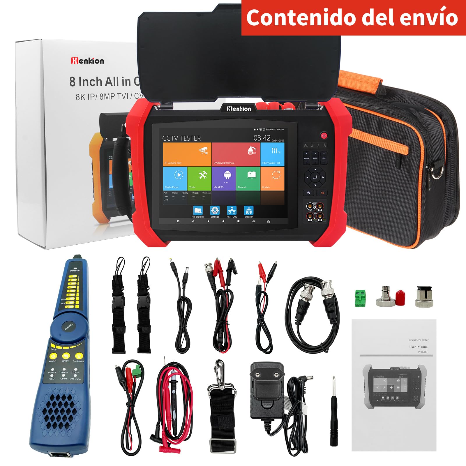 Henkion IPC CCTV Tester H20-MOVTADHSEF 8K 32MP 12MP IP Kamera Test POE++ Max 90W HD Kameratester 8MP TVI/CVI/AHD/SDI/CVBS DMM TDR WiFi Network Tools RJ45 Cable Tester 2CH SFP Port HD VGA