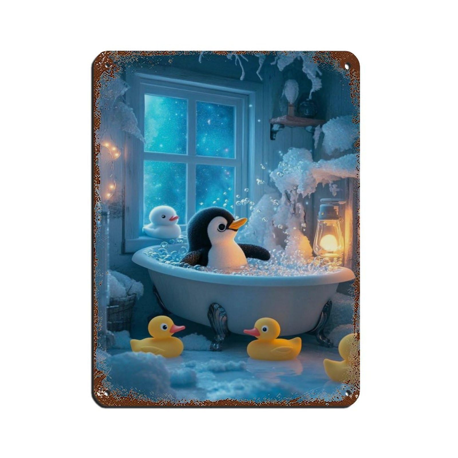 Lxwnze 30L X 40W Cm Cute Penguin Bubble Bath Retro Poster Metal Tin Sign Chic Art Retro Iron Painting Bar People Cave Cafe Family Garage Poster Wall Decoration 12X16inch(30X40cm)