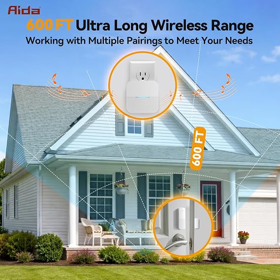 AIDA Door Alarms When Opened Wireless Ring Chime Sensor Alarm for Business/Home/Kids - 600ft Range, 58 Ringtones, 5 Volume Levels, Open Alert, Easy Install (1 Receiver + 1 Sensor)