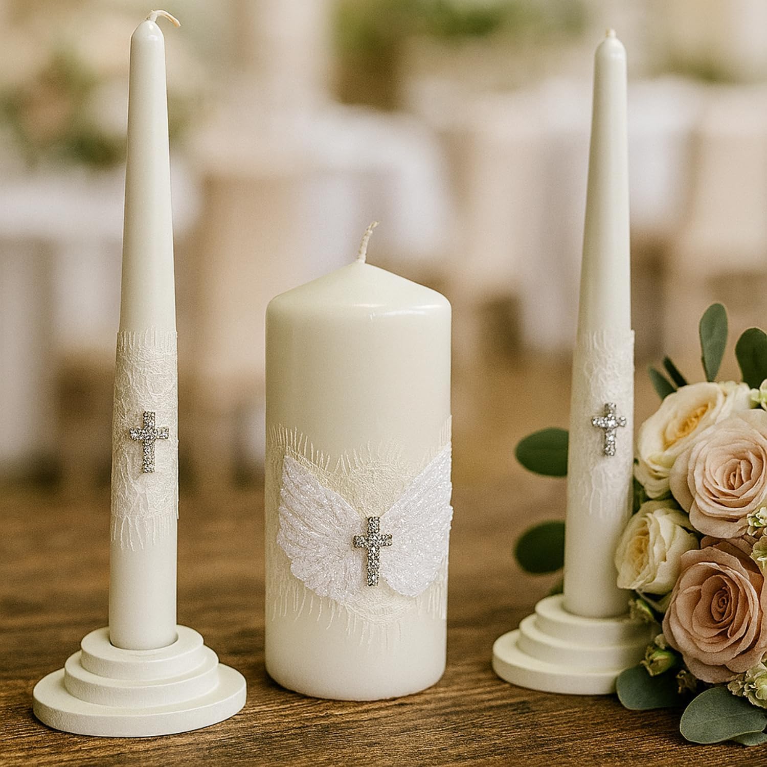Unity Candle Set for Wedding - Wedding Unity Set for Reception and Ceremony - 6” Pillar Candle & Two 10” Taper Candles -Unity Candles- Marriage Unity Ritual-White | Cristal | Cross