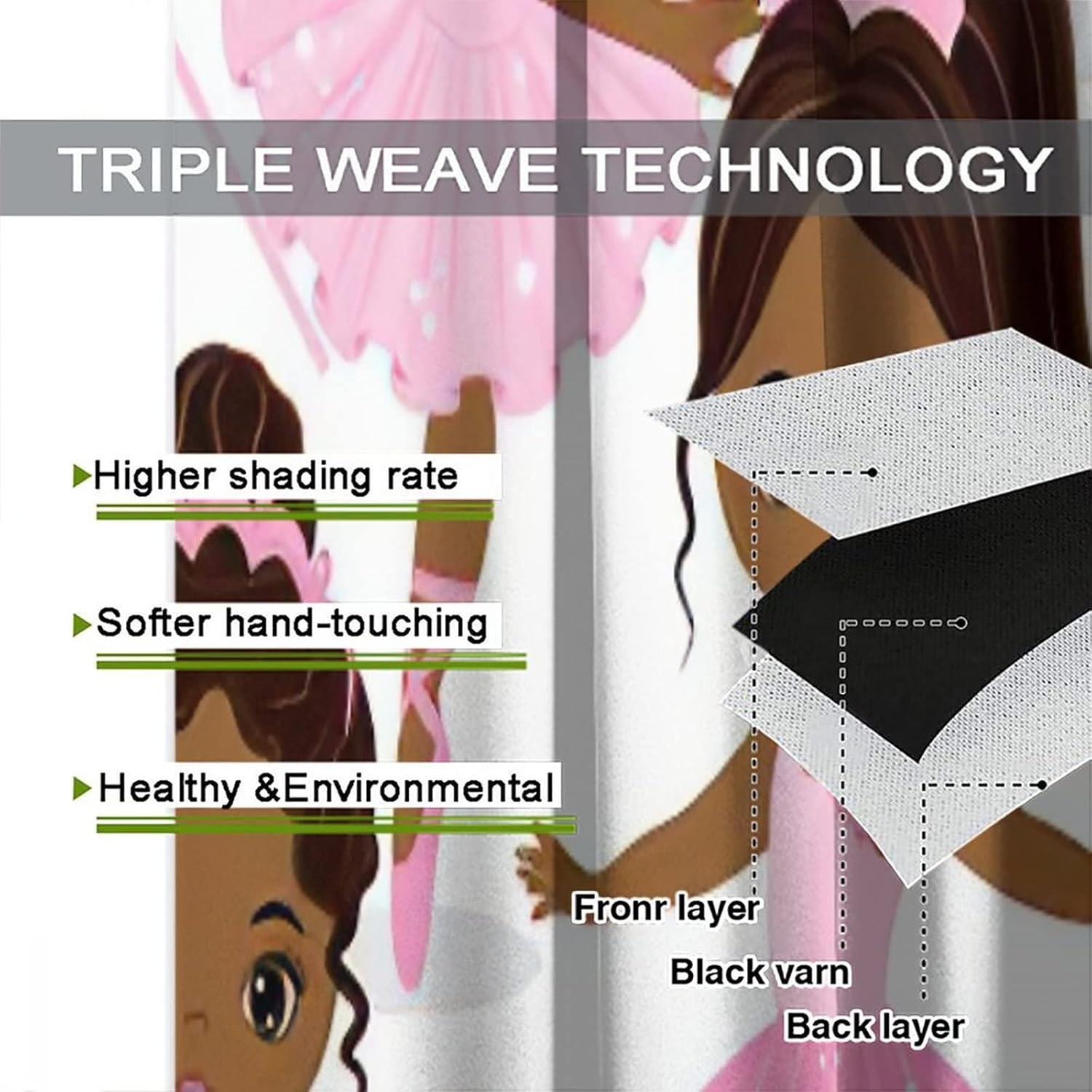 Pink African American Ballerina Window Curtain, Cute Little African American Ballerinas Ballet Princess Dancer Room Darkening Door Window Rod Pocket Curtain for Girls Kids Bedroom Living Room 42x63in