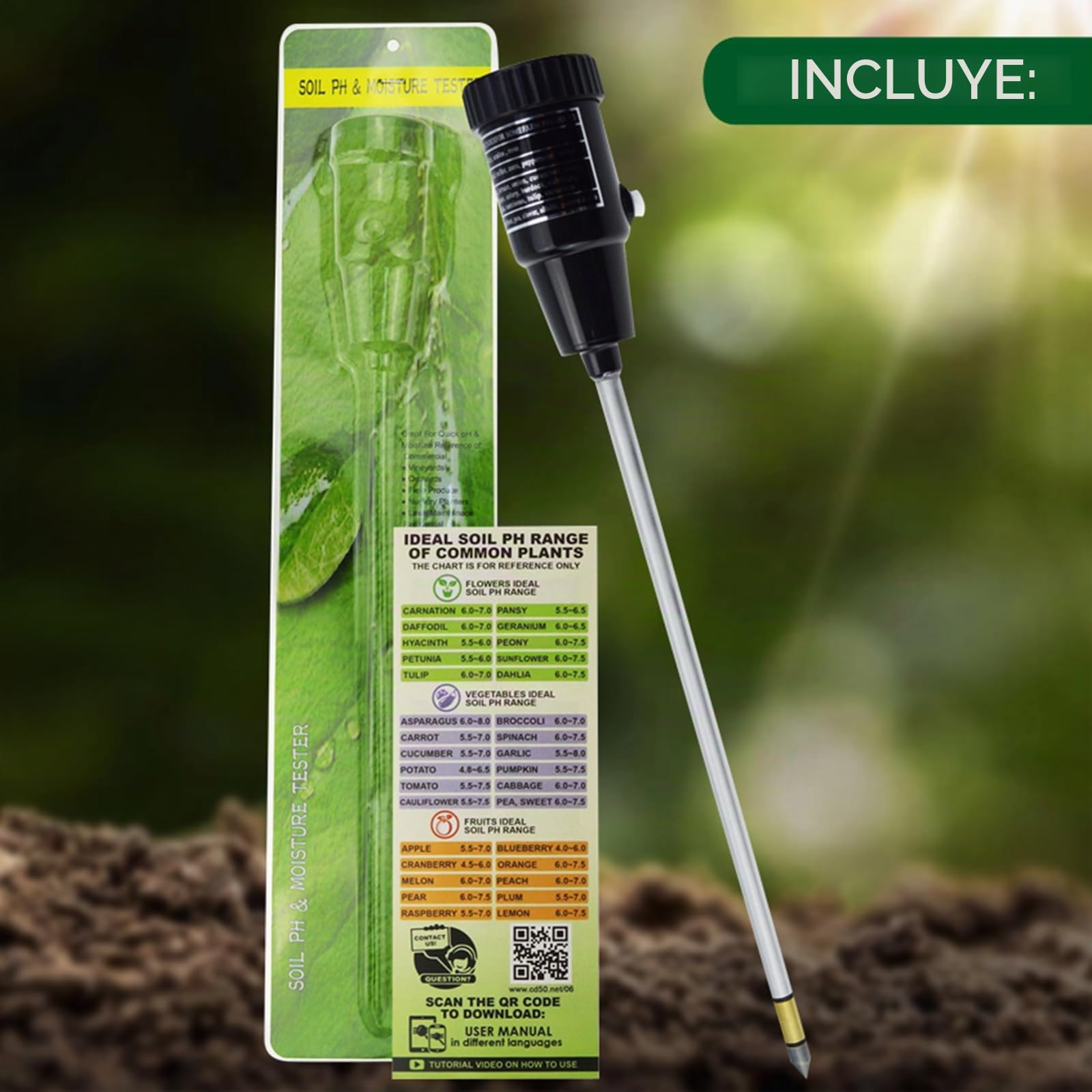Medidor De PH Y Humedad Del Suelo Con Sonda De Electrodos De 295 Mm De Largo, Herramientas De Kit De Probador De Suelo A Prueba De Agua, Para Jardines Interiores Y Exteriores