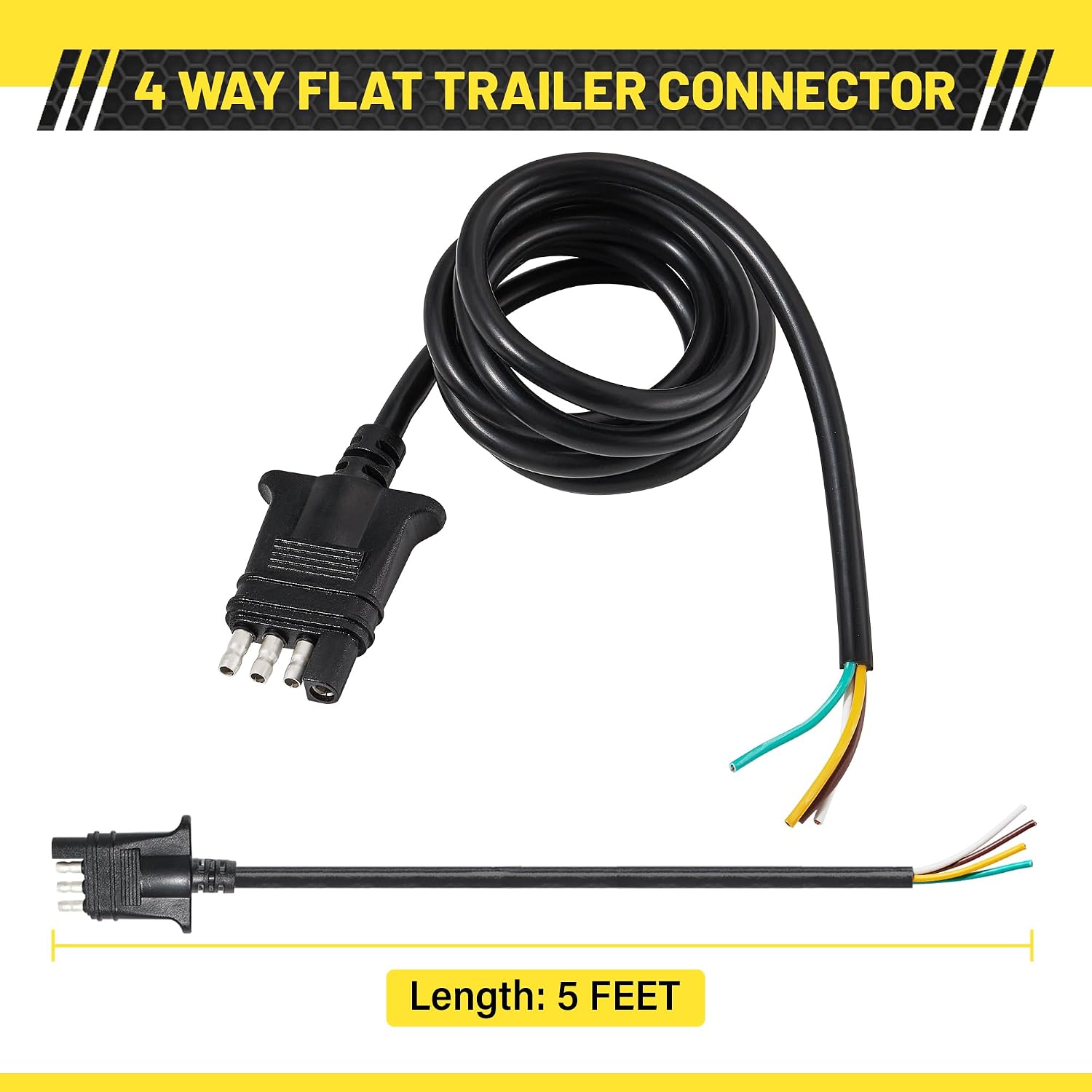 Oyviny 4 Way Flat Trailer Connector 5 Feet Jacketed Cable Heavy Duty Extension Cable Standard 4 Pin Trailer End Wiring Harness Adapter 18AWG Red Copper Color-Coded Wires for Trailer Hitch Wiring