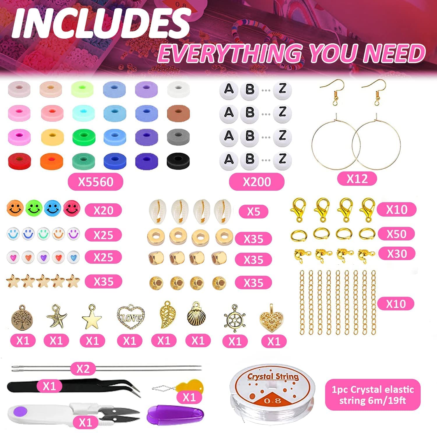 LauCentral 6100+ PCS Clay Beads Kit,Clay Flat Letter Beads Polymer 24 Colours Round Bead, Bracelet Making Set with Alloy Pendant, DIY Bracelet String with Charms Craft Gifts for Teen Girls