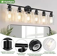 Vista 4 de 6-Light Bathroom Light Fixtures, Black Modern Vanity Lights with Clear Glass Shade, Bathroom Wall Lamp for Mirror Kitchen Living Room Hallway