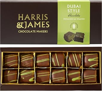 Harris & James Dubai Chocolate 12 Piece Selection Box. Handmade Luxury Chocolate From Bean To Bar. Dubai Style Pistachio & Knafeh Chocolates 180g
