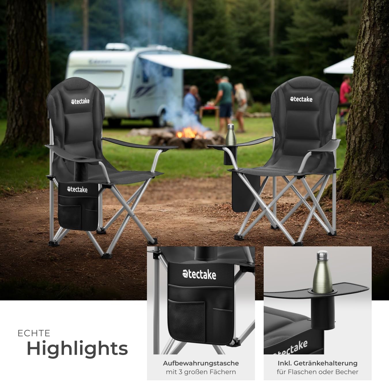 tectake® Campingstuhl faltbar, Stuhl mit Armlehne, Gartenstuhl klappbar, Klappstuhl Camping Gadgets oder Angelzubehör, Outdoor Sessel mit Getränkehalter für Campingküche, als Balkonstuhl