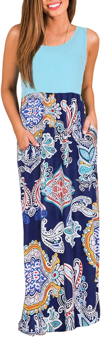 Women's Maxi Dress Floral Printed Summer Scoop Neck Casual Dress Elastic Wrist 3/4 Sleeve Tunic Dress for Women (Blue02, Small)