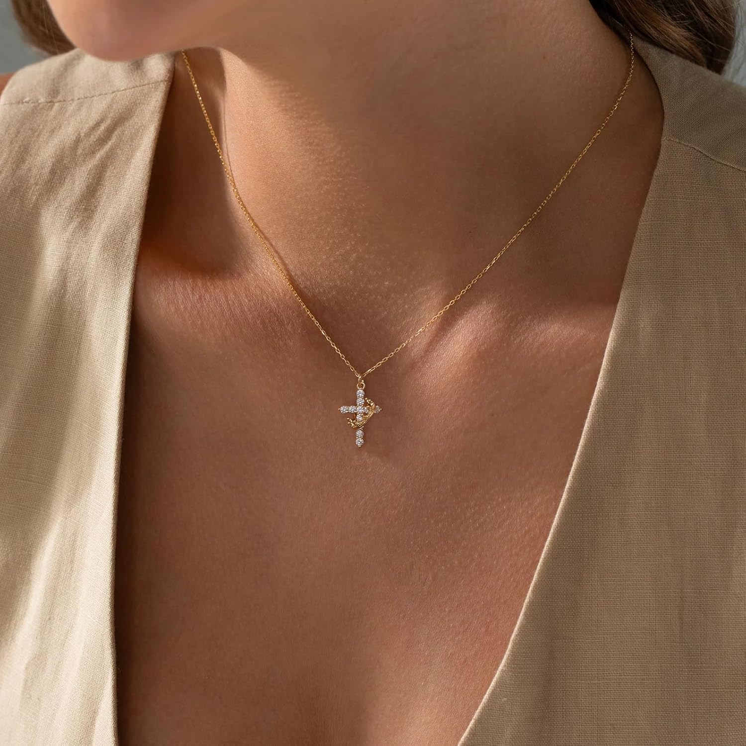 Moodear Cross Necklace for Women Trendy 14K Gold Plated Cross Pendant Necklace Dainty Cross Crown Rose Heart Charm Necklace for Women Fashion Religious Simple Gold Jewelry Gift - Image 4