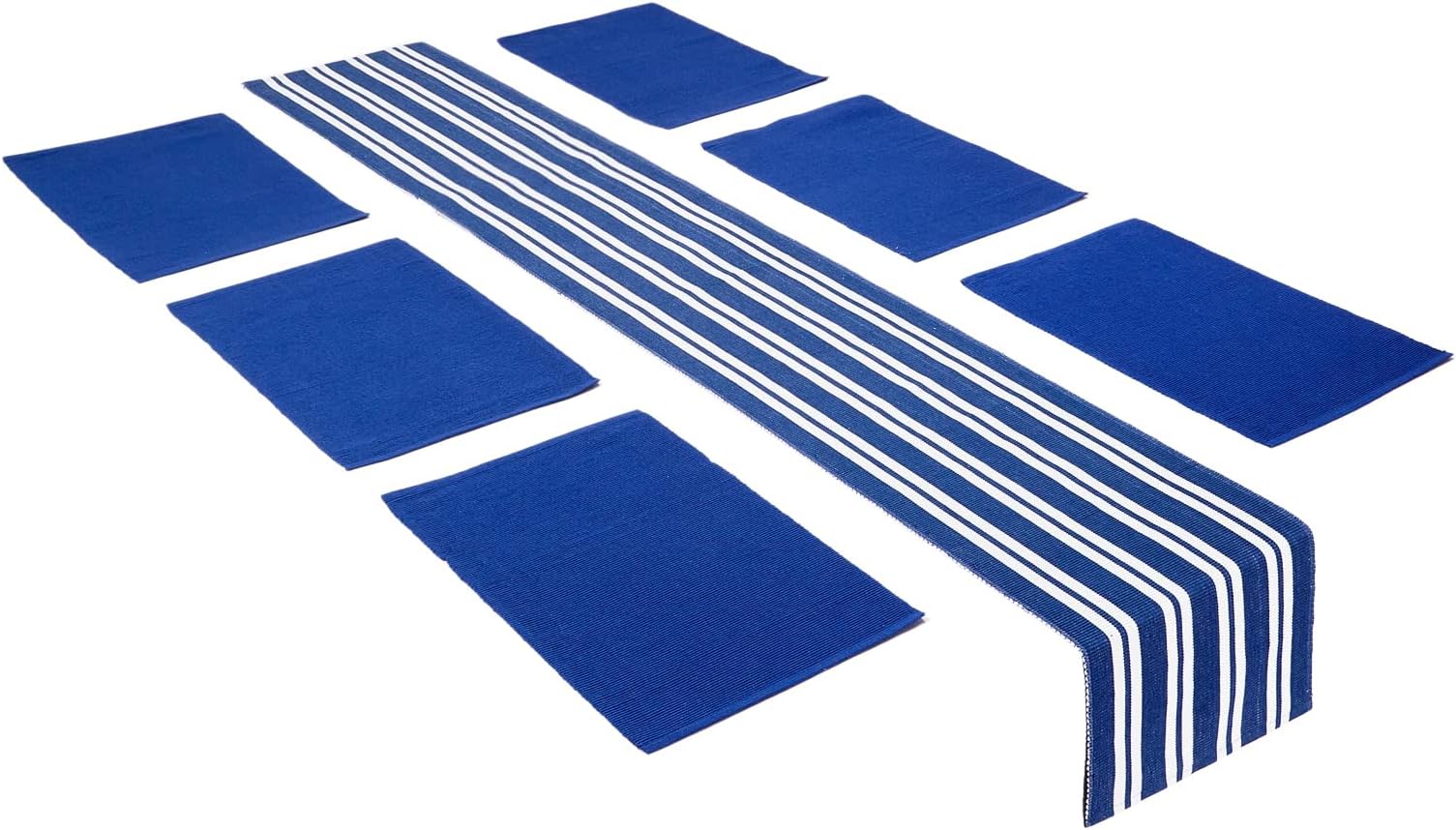 Encasa XO Table Runner and Placemats Set 6 | Fine Ribbed Cotton | Franca Blue | 1 Table Runner Size 32x200 cm & Each Table Mat Size 48x32 cm