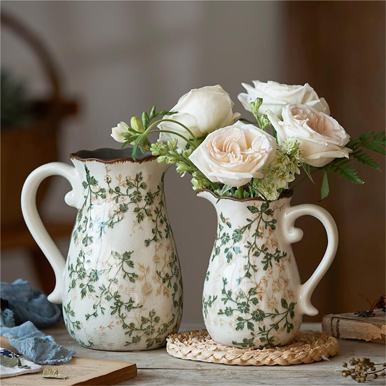 Wazony na kwiaty, ceramiczny, zielony, kwiatowy, Chinoiserie Crackle porcelanowe wazony na stół, akcesoria do salonu (G1)