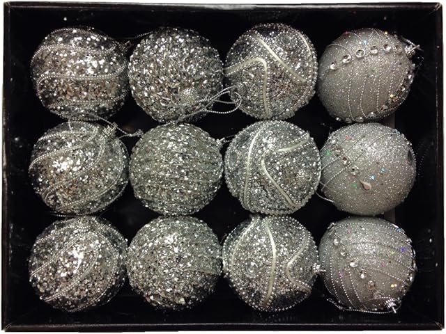 Snow White Branded Pack of 12 Deluxe Silver 8cm Christmas Tree Baubles