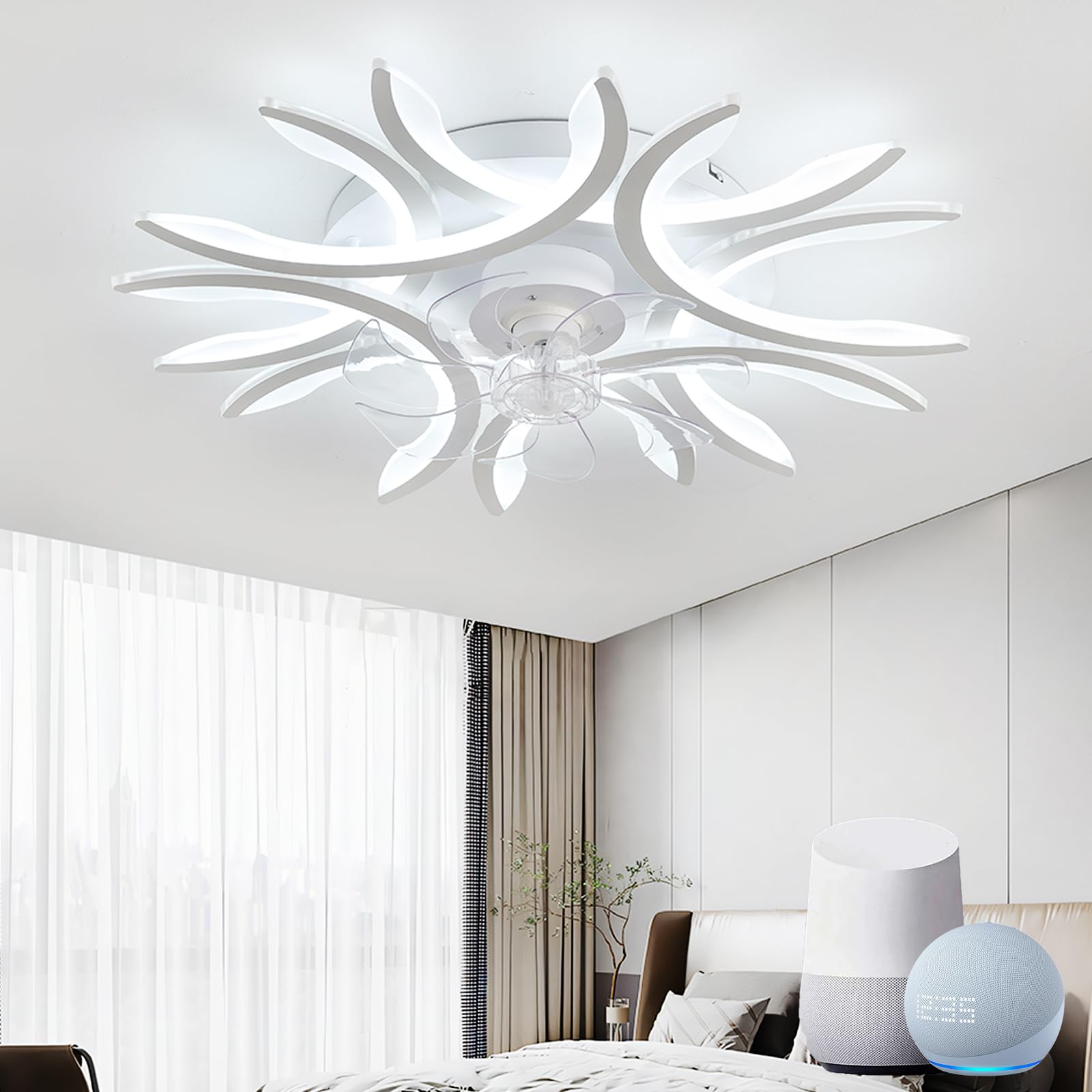 Cucummn Fan Light Ceiling Voice Smart Dimmable 60w Ceiling Fans with Lights Compatible Alexa Dc Reversible 6 Speed Living Room 75cm Ceiling Light Fan Modern Memory Function Google AssistantοΌWhite